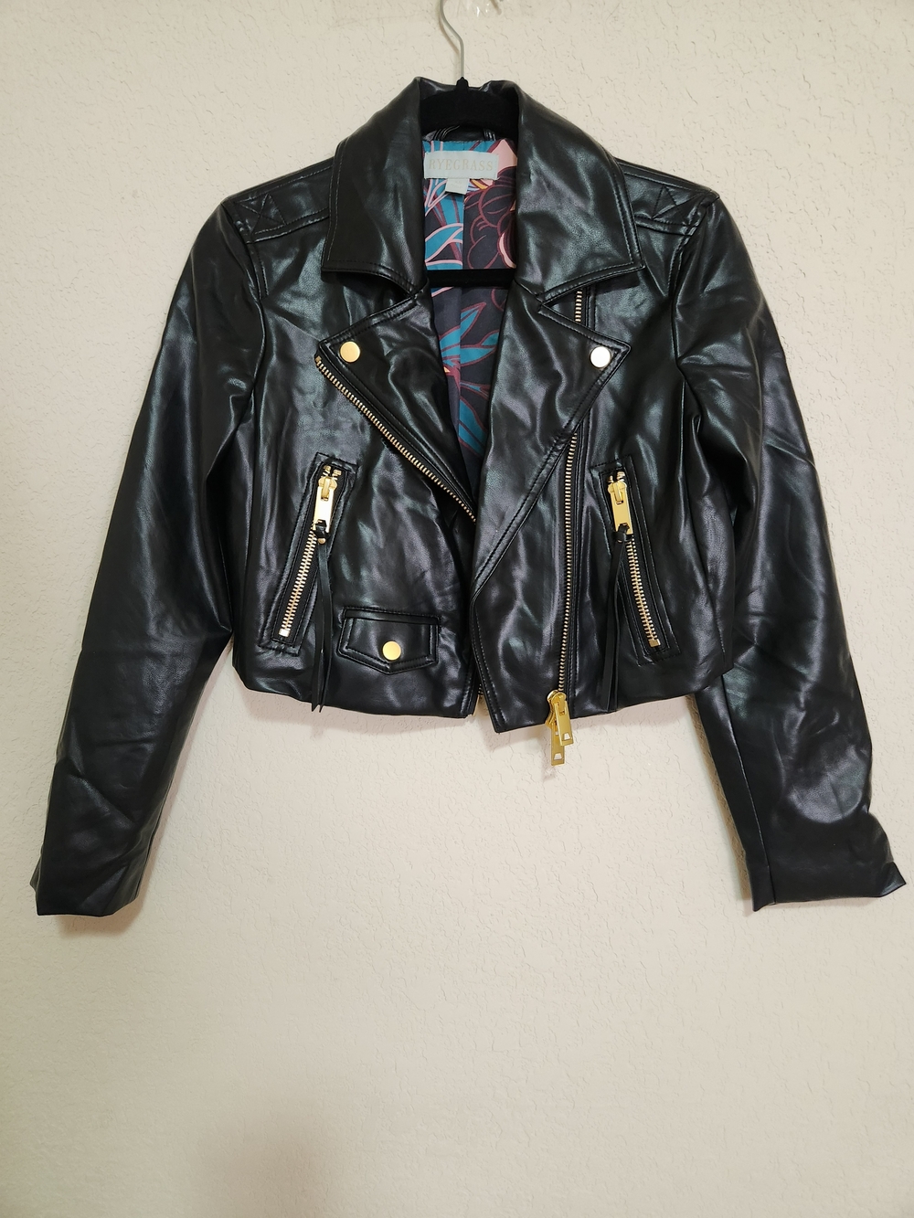 Ryegrass Black Faux Leather Moto Jacket with Gold Hardware - Womens Size XS